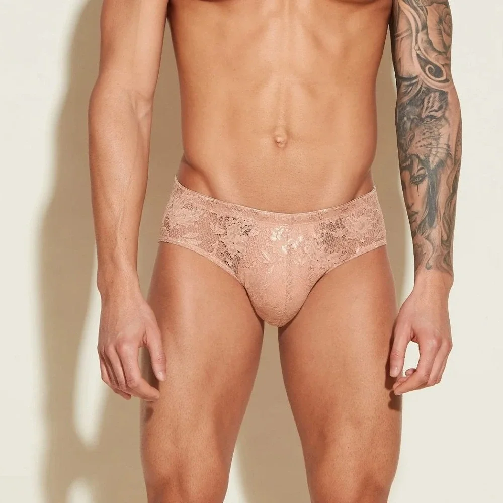 Cosabella Luxury Mens Lace Briefs Tan Floral Low Rise Underwear New